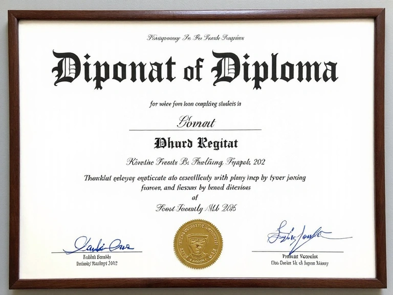 Dyplom ukończenia studiów z zakresu dietetyki, z pieczęciami i podpisami, w profesjonalnej oprawie, bez widocznych konkretnych danych osobowych.