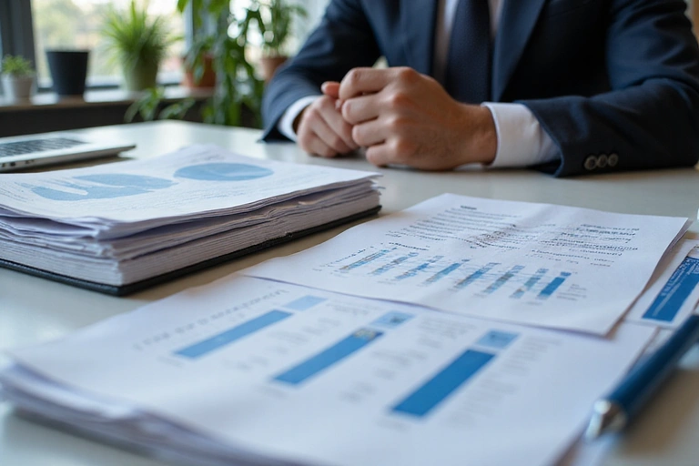 Grafika przedstawiająca osobę pracującą przy biurku z dokumentami i komputerem, symbolizująca administrację danych.