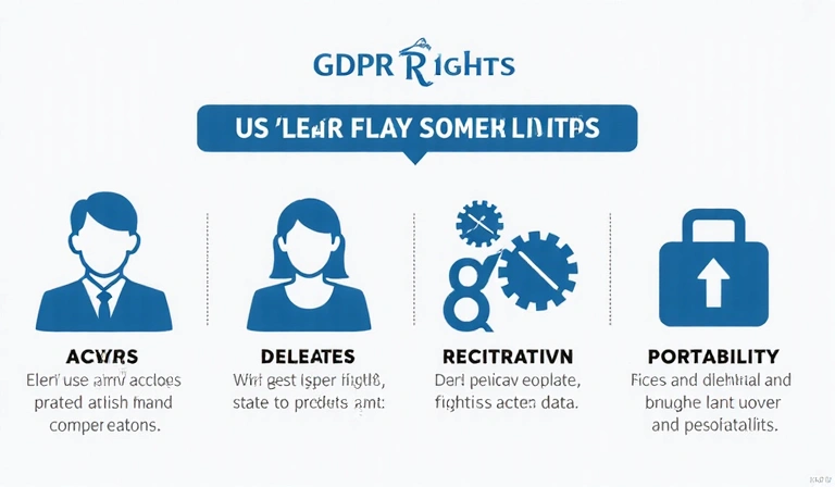 Ilustracja przedstawiająca prawa użytkowników dotyczące danych osobowych, z ikonami dostępu, usunięcia, sprostowania i przenoszenia danych.